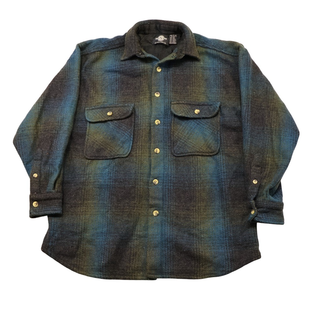 Santana Mens M Shirt Jacket Blue Green Plaid Wool Blend Quilted Lined Heavy